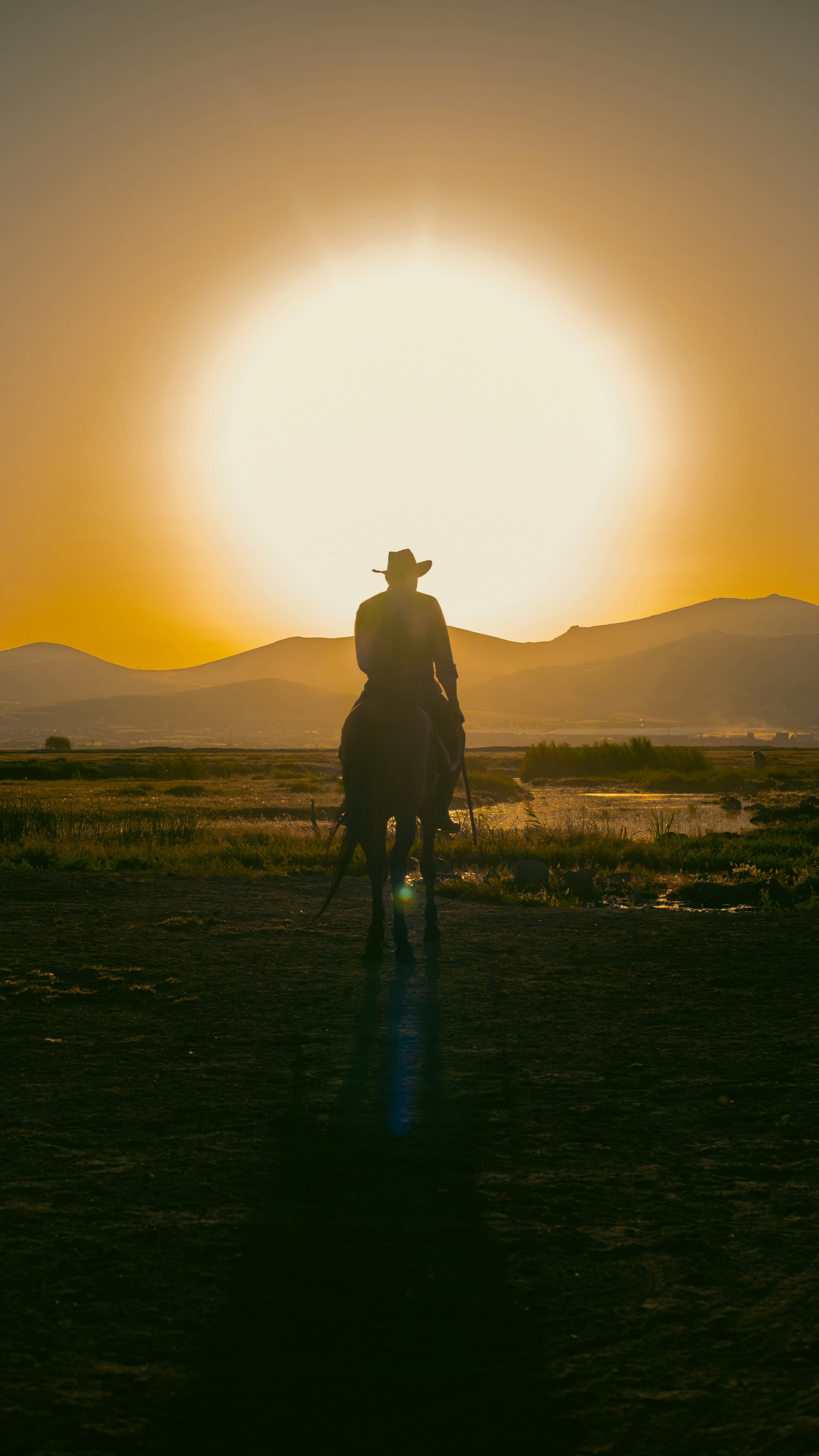 Cowboy riding into a golden western sunset